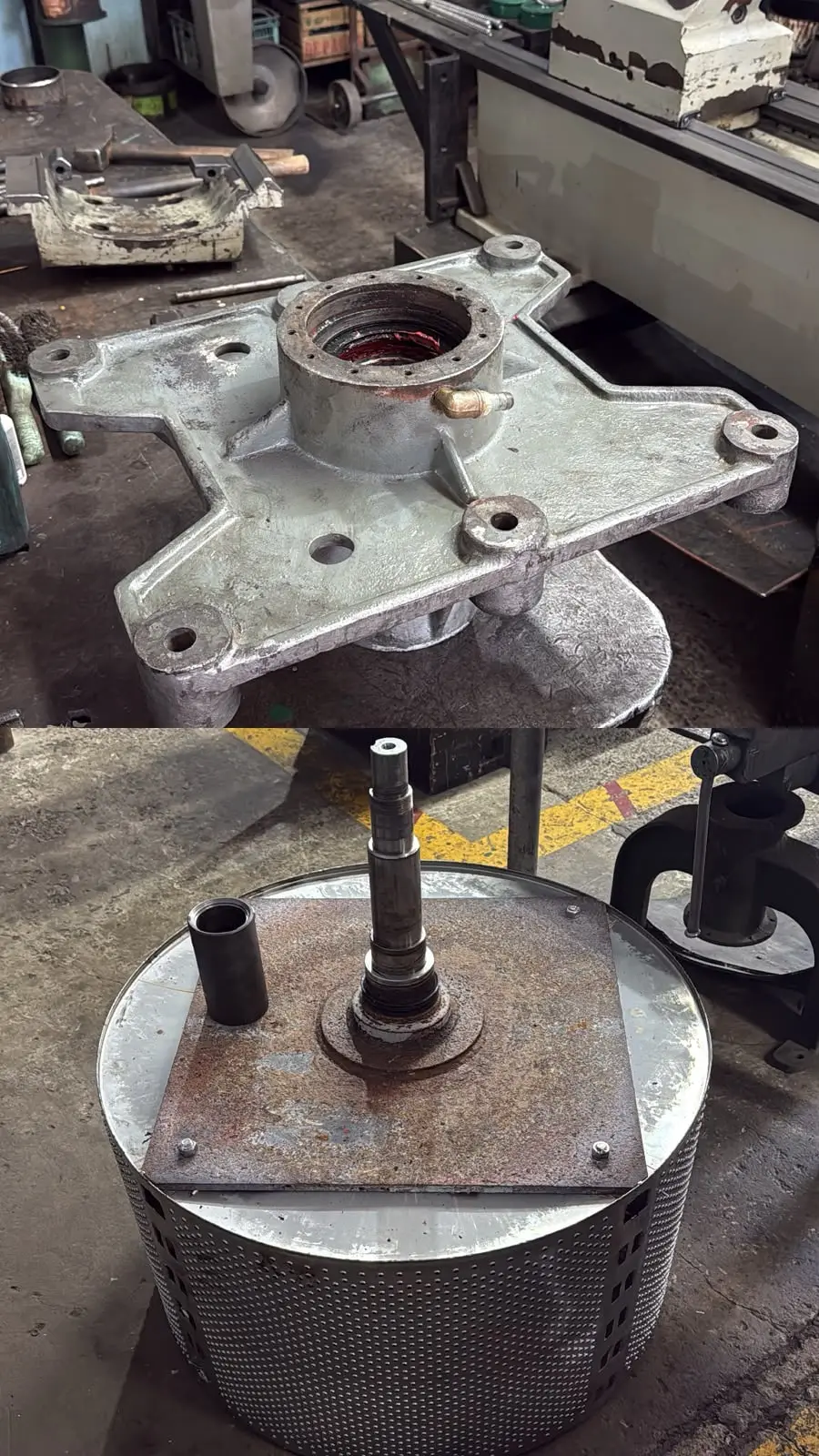 Soporte de tambor y eje — Reparación de soporte de fundición y eje de tambor para lavadero industrial.
